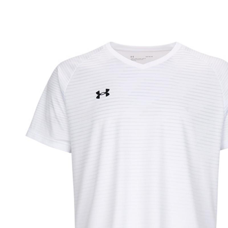 Under Armour Mens Training Series Striped Logo Print Comfortable V-Neck Short Sleeve T-Shirt Unisex Tops White 25500519-100