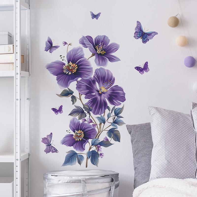 Purple Flowers Butterfly Wall Stickers Living Room Bedroom Background Decor Mural Self-Adhesive Wall Decals
