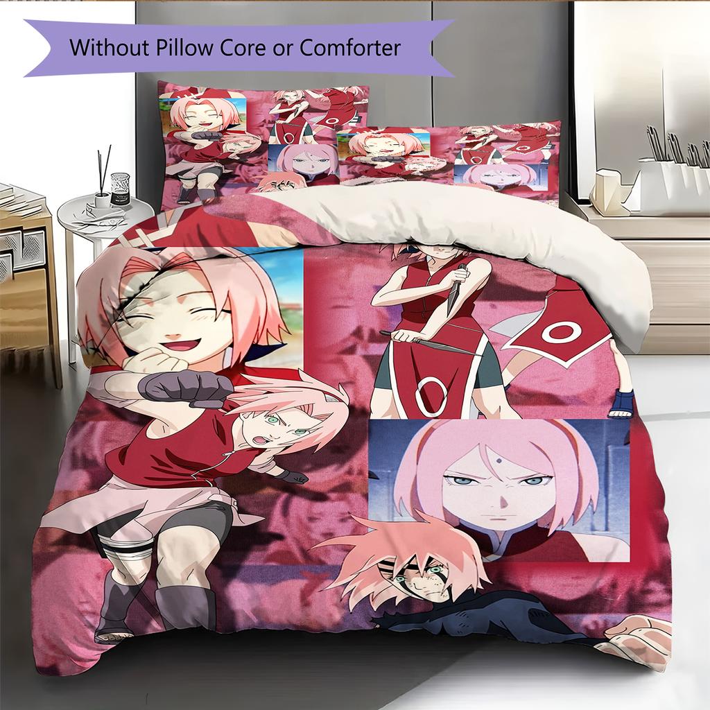 Anime Naruto Wzór Haruno Sakura Pościel Dekoracja Domu Prezent Urodzinowy (1 * poszwa na kołdrę + 2 * poszewki na poduszki, bez rdzenia)