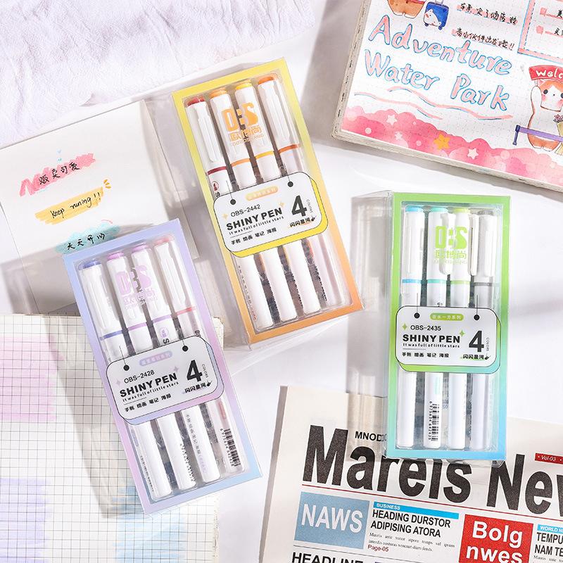 4 Colors/Box Kawaii Glitter Highlighter Pen Pastel Fine Pastel Highlighter Marker Scrapbook Painted Stationery School Supplies