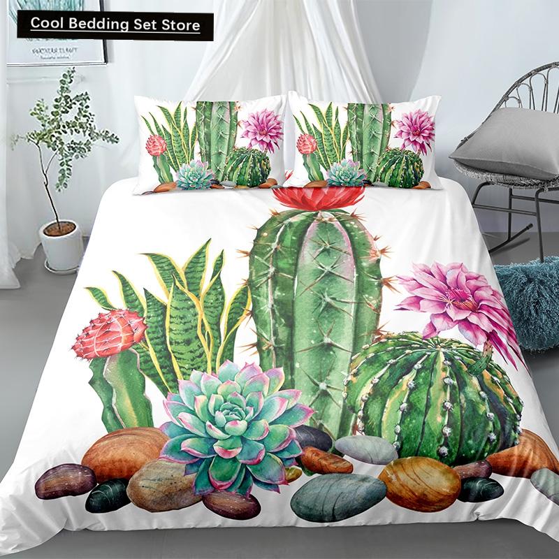 Cactus King Queen Duvet Cover Succulents Bedding Set for Kids Teens Adults Green Botanical Flowers 2/3pcs Polyester Quilt Cover