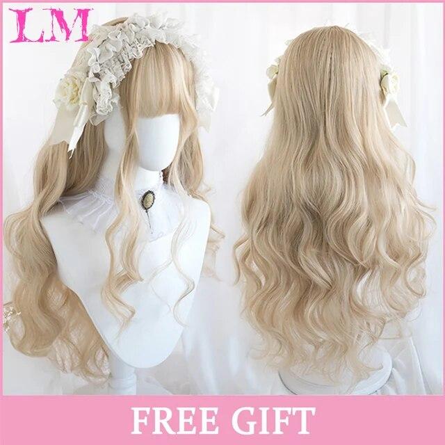 Perruques synthétiques Lolita longues ondulées noires et roses pour femmes, perruque de Cosplay avec frange, résistante à la chaleur pour Halloween et noël