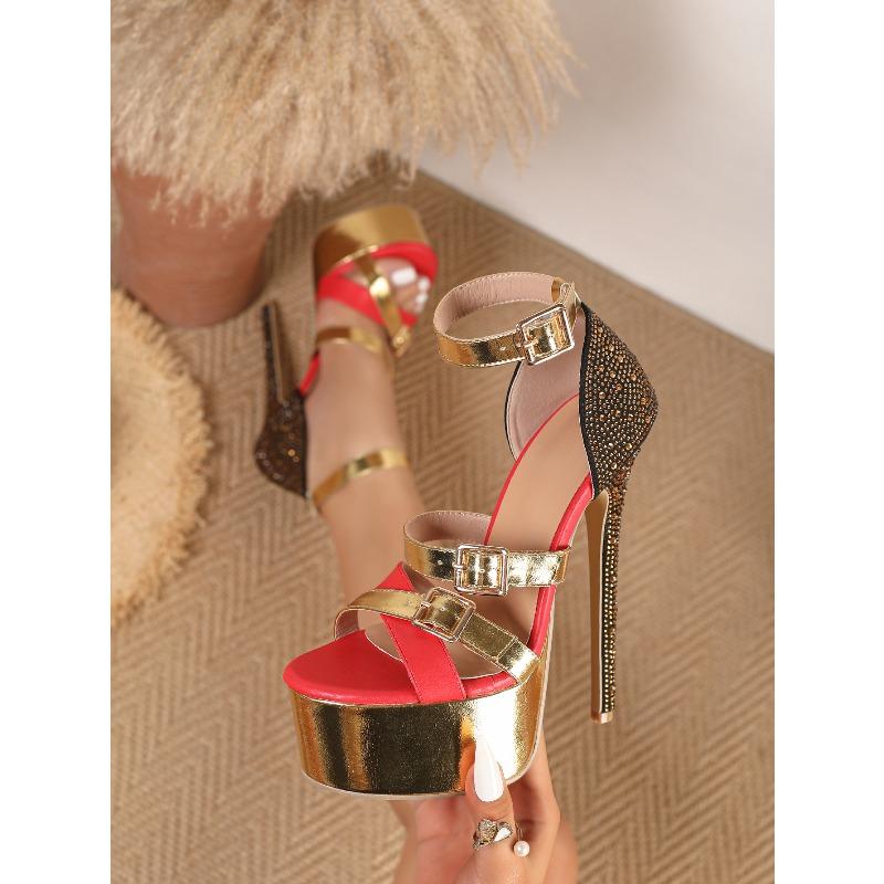 

Summer Runway Style Sexy High Heels Platform Sandals for Women s Fashion Open Toe Crystal Buckle Stiletto Wedding Stripper Shoes 42 золотий