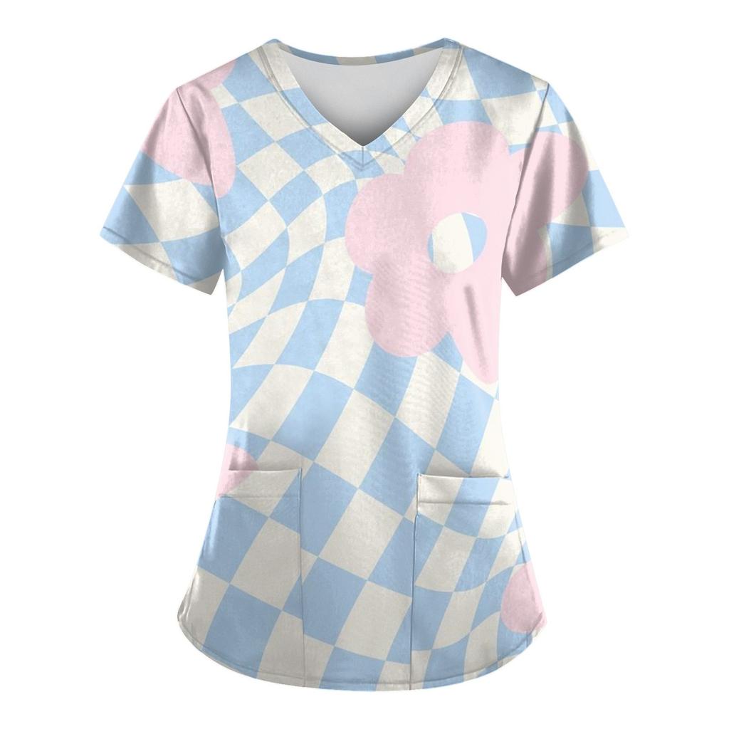Women Fashion Spring And Summer Oil Painting Print V-neck Short Sleeve Workwear With Pockets Tops