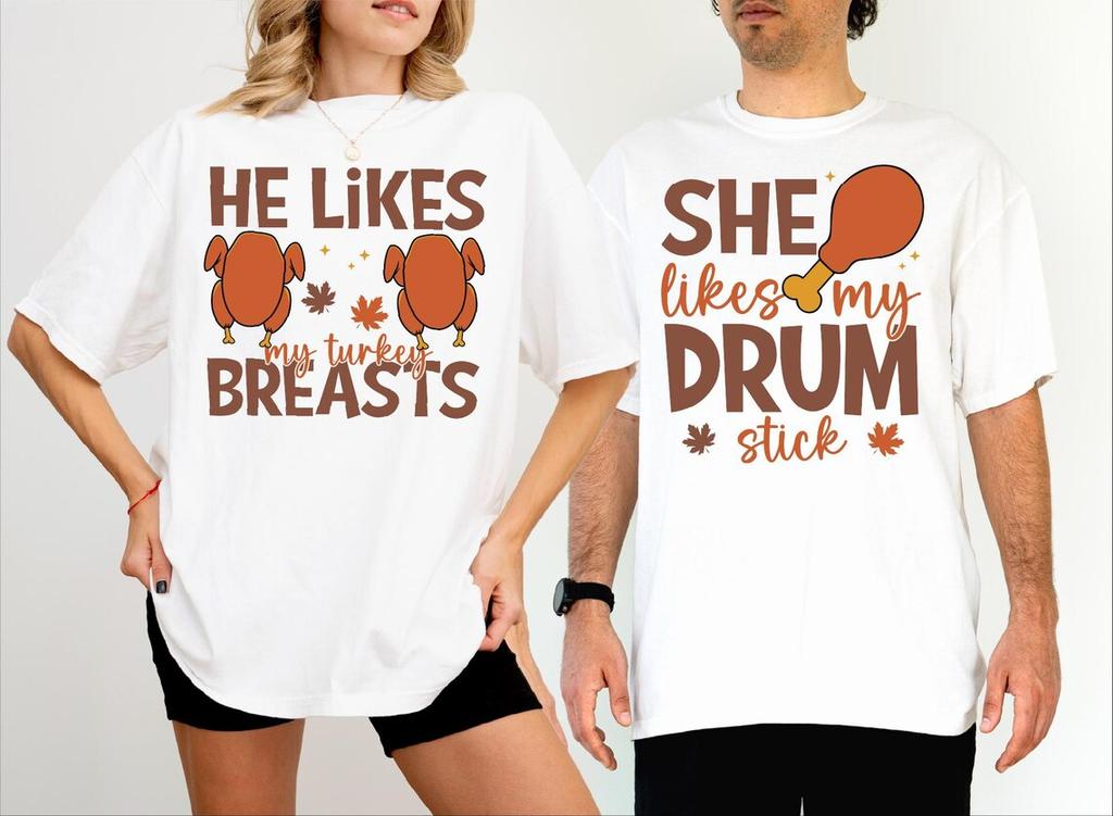 Vintage Matching Couple Thanksgiving Turkey Graphic T Shirt Unisex Cotton Short Sleeve Family Dinner Humor White Casual Tee
