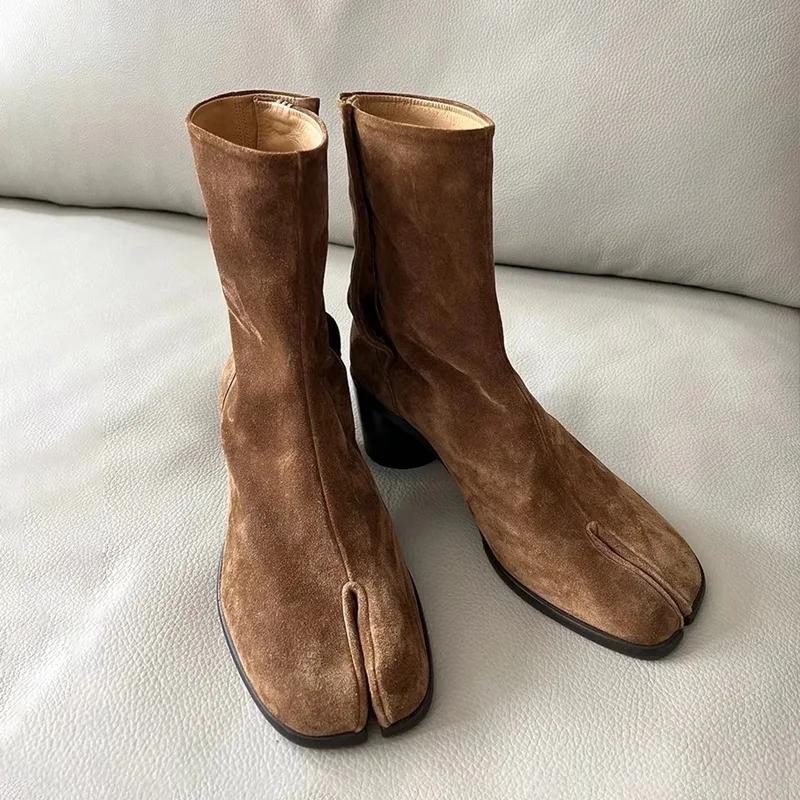 Fashion Luxury Brand Design Leather Tabi Boots Fashion Round Chunky High Heel Ankle Boots For Women Autumn Winter Split Toe Shoes