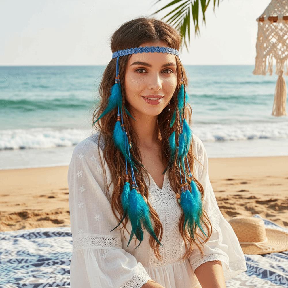 Intricate Crochet Band Boho Tassel Headpiece Tribal Feather Hair Extensions  Island Getaway Outfit