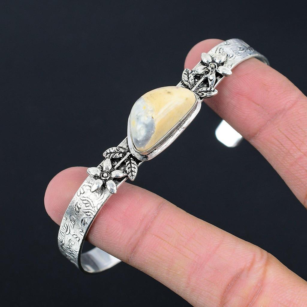 Womens Day Sale Natural Maligano Jasper Sterling Silver Flower Sister New Bangle
