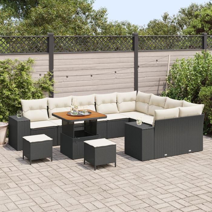 Ensemble de Canapé de Jardin de 12 Pièces avec Coussins Noir Rotin Poly Acacia, Ensemble de Salle à Manger de Jardin 3 3363990