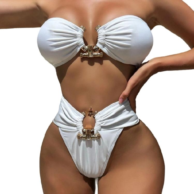 Elegant High Waist Bathing Suit with Unique Metal Detail for Fashion Forward Women Lightweight Beach Swimwear