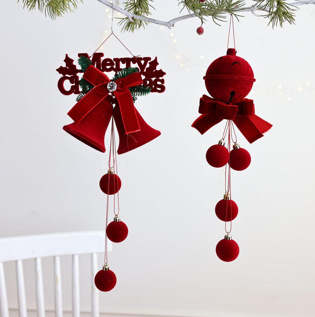 Popular Nordic Red Flocking Christmas Bell Ornaments for Tree and Shop Window Decoration