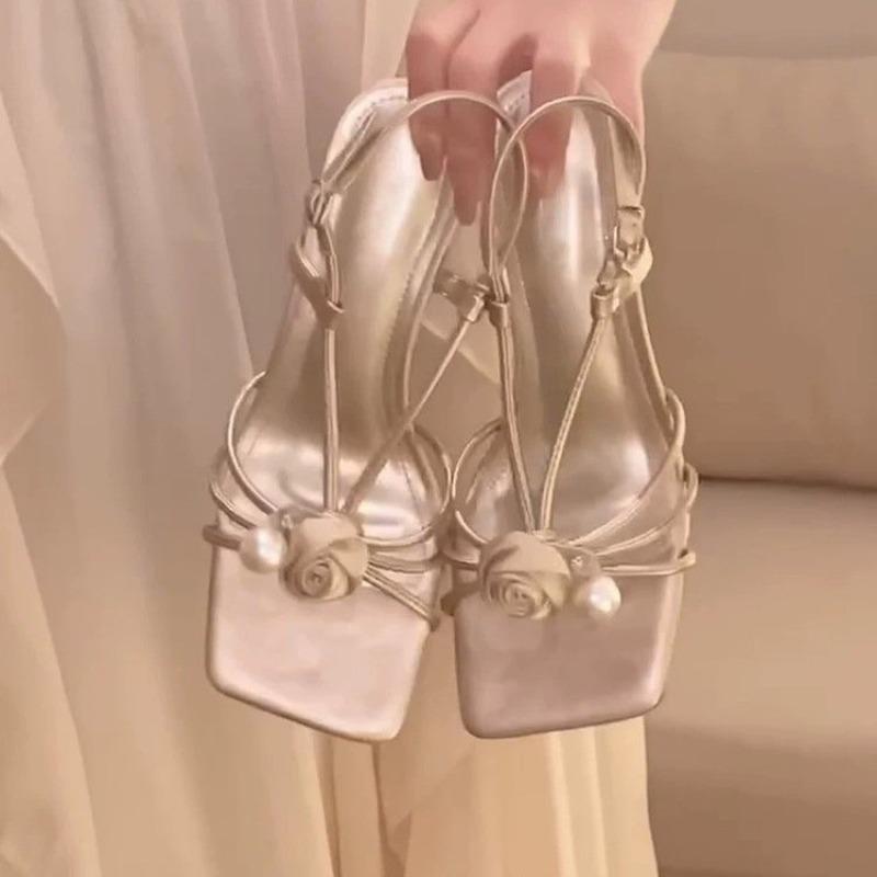 Fashion Women Sandals 2025 New Party Buckle Strap Pearl Sandals Women Floral Square Toe High Heels Shoes for Women Sandalias De Mujer