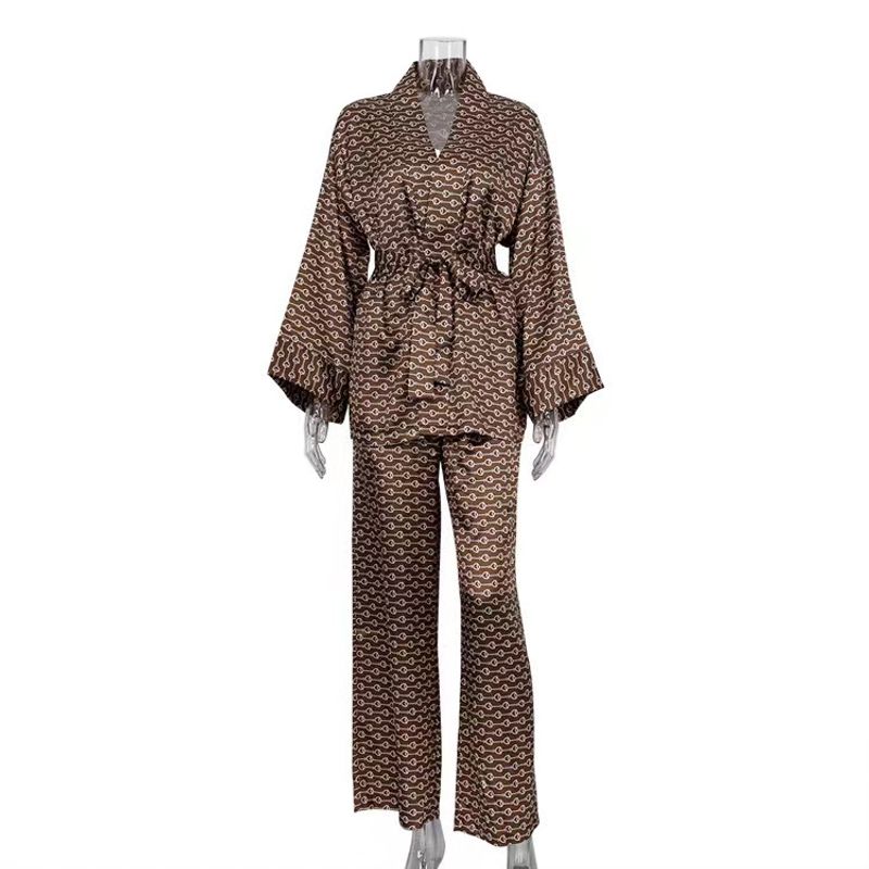 

Модный атласный кардиган с принтом шнуровки, свободный топ, брючный костюм, домашняя одежда, костюм из топа и брюк Brown L