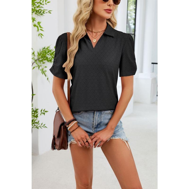 European and American cross-border foreign trade women's summer new V-neck T-shirt puff sleeve loose POLO shirt top