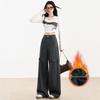 Women's High-Waist Fleece-Lined Wide-Leg Jeans, Retro Workwear Style for Autumn/Winter 2024