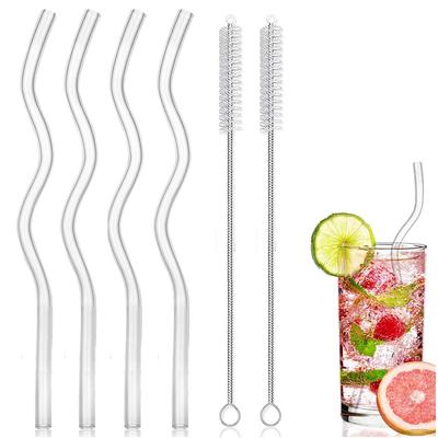 4 Stück Wellenförmige Glasstrohhalme 20cm Bunte Wiederverwendbare Glasstrohhalme mit Reinigungsbürsten Cocktailstrohhalme für Saft Tee Kaffee Trinkgeschirr