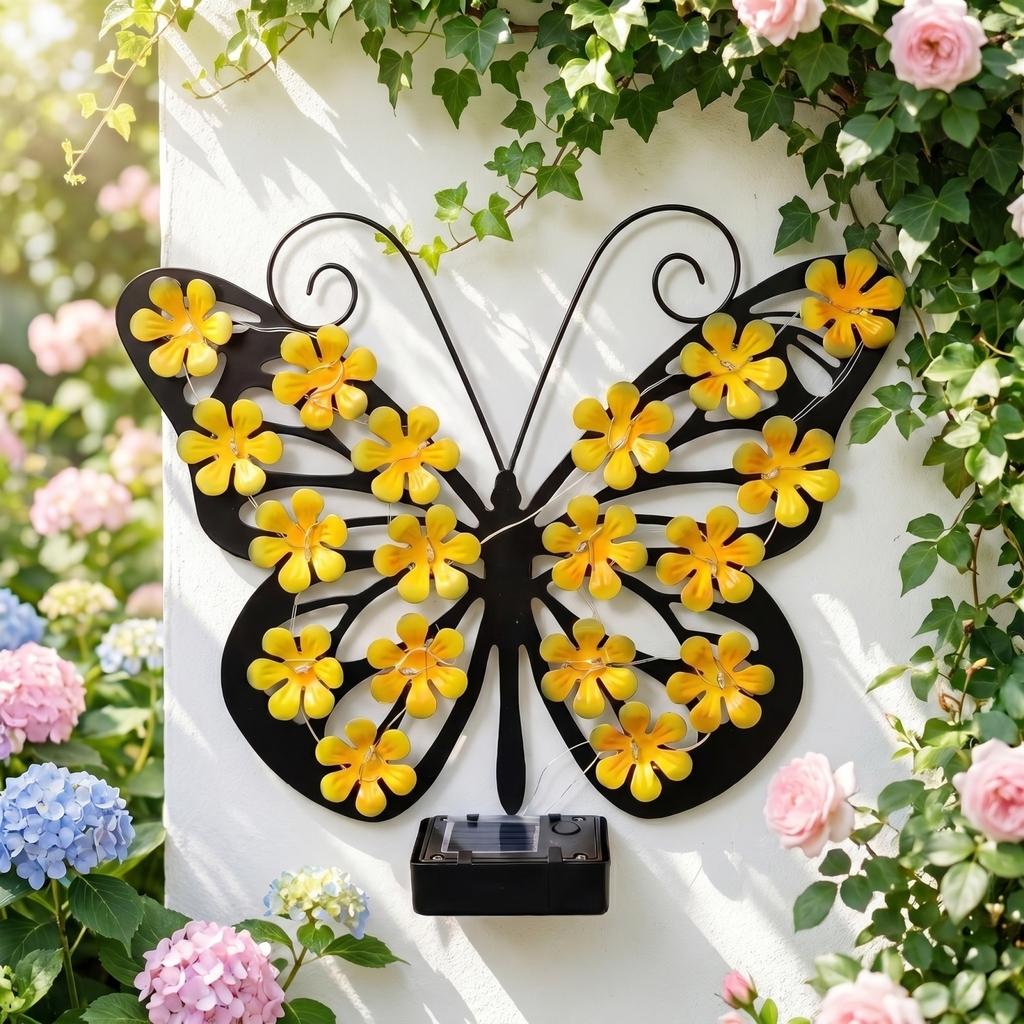 Solar Powered Outdoor Waterproof Butterfly Wall Light Decorative Metal Flower Design for Garden Patio Yard Fence Pathway