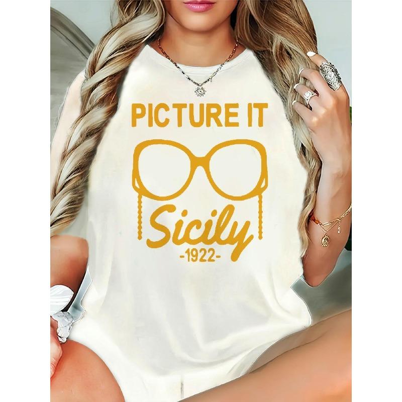 

European Size Plus Size Women s Casual Crew Neck T-Shirt, Printed with Picture It Sicily 1922 , Spring Summer Autumn Short Sleeve Loose Top S белый