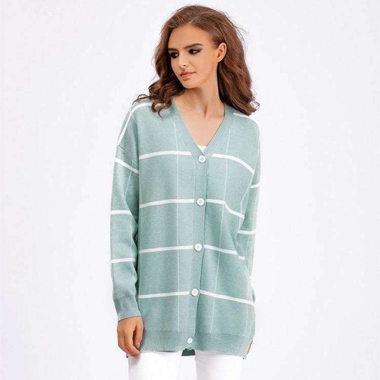 Autumn Winter Women Jacquard Sweater Loose Knit Coat V Neck Long Patterned