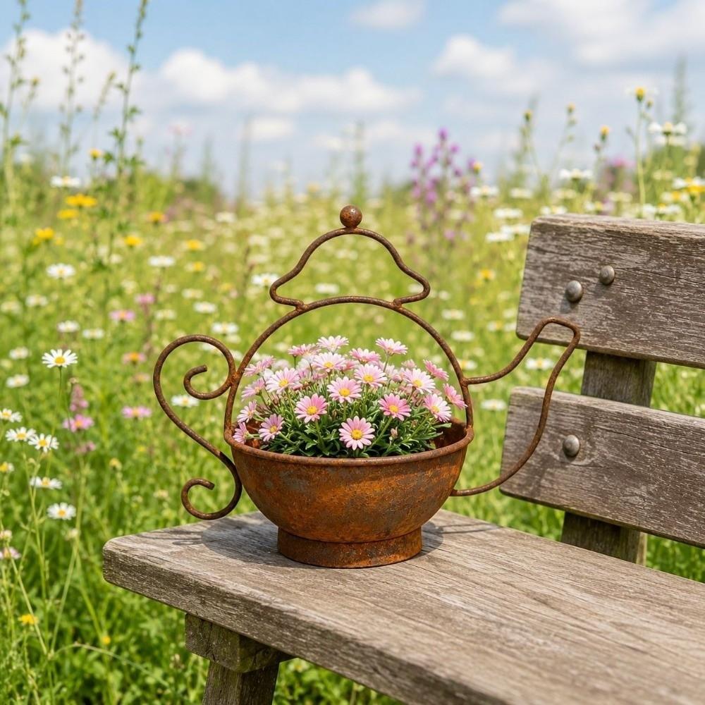 Decorative Kettle Shape Flower Pots Rust-Resistant Metal Teapot Planter Balcony