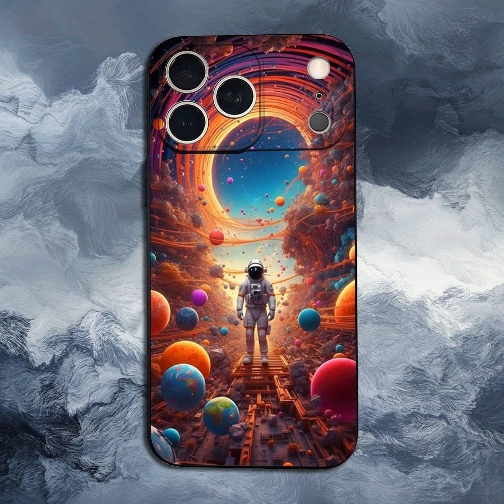 Universe Art Astronaut Phone For iPhone 13,12,15,14,11,16,17,Plus,Pro Max,XS,X,XR,SE,Mini,8,7,Soft Silicone Black