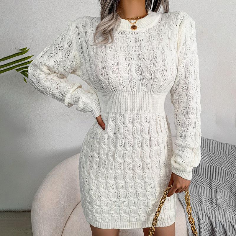 Autumn Winter Women's Solid Color Sweater Dress Casual Slim-fitting Sexy Bodycon Dress Crew Neck Knitted Dress