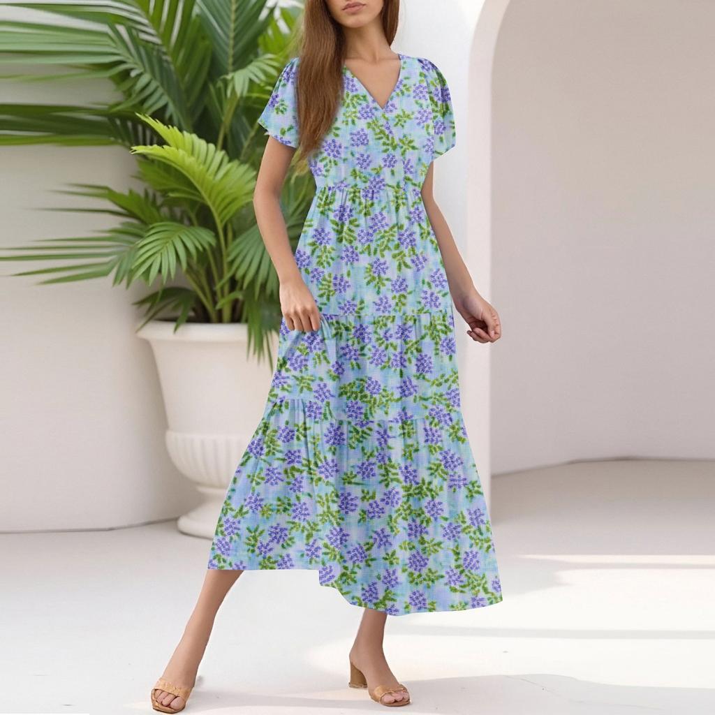 Ladies Summer Casual Fashion V-Neck Ruffle Sleeve Floral Print Midi Dress