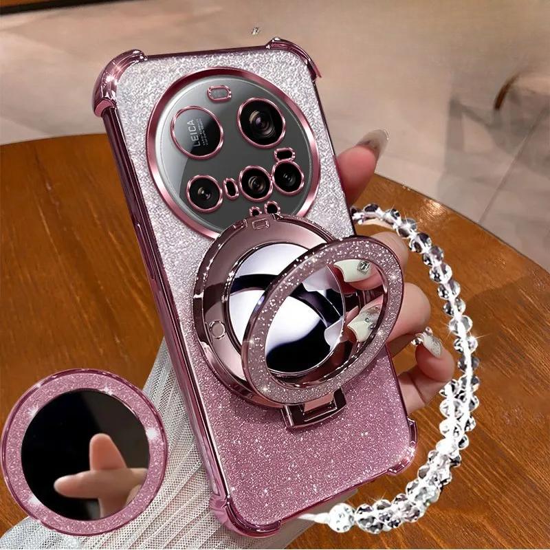 Stoßfeste GLITZER Beschichtung Hülle Für Xiaomi 15 Ultra 14 14T 13 12 Pro 11 Lite Kristall Armband Spiegel Magsafe Handyhalter Abdeckung
