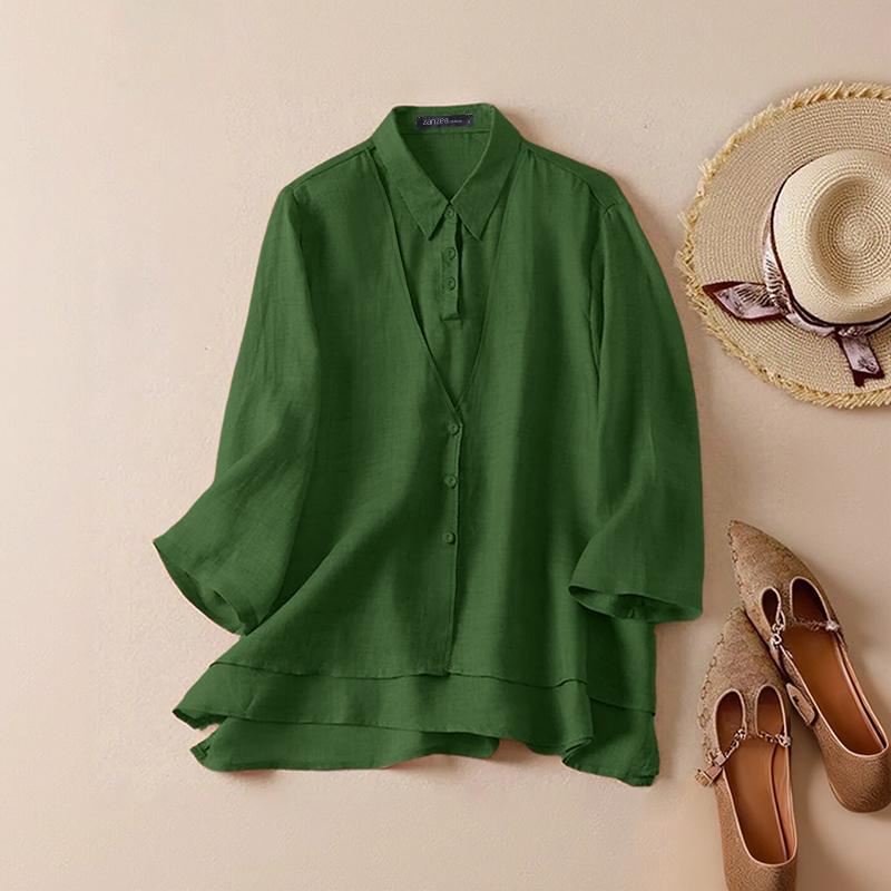 ZANZEA Women Casual Turn Down Collar 3/4 Sleeve Loose Blouse