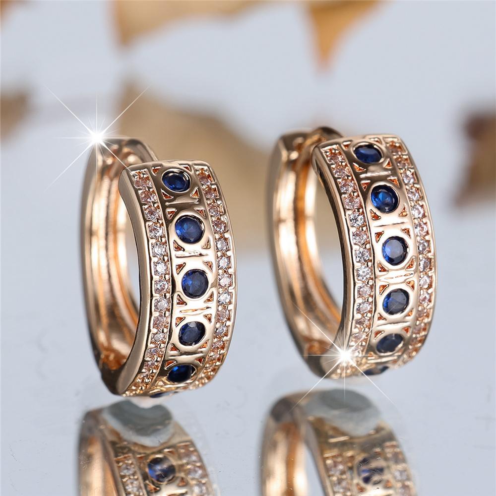 Cute Female Blue Round Zircon Stone Hoop Earrings  Gold Color Wedding Jewelry For Women