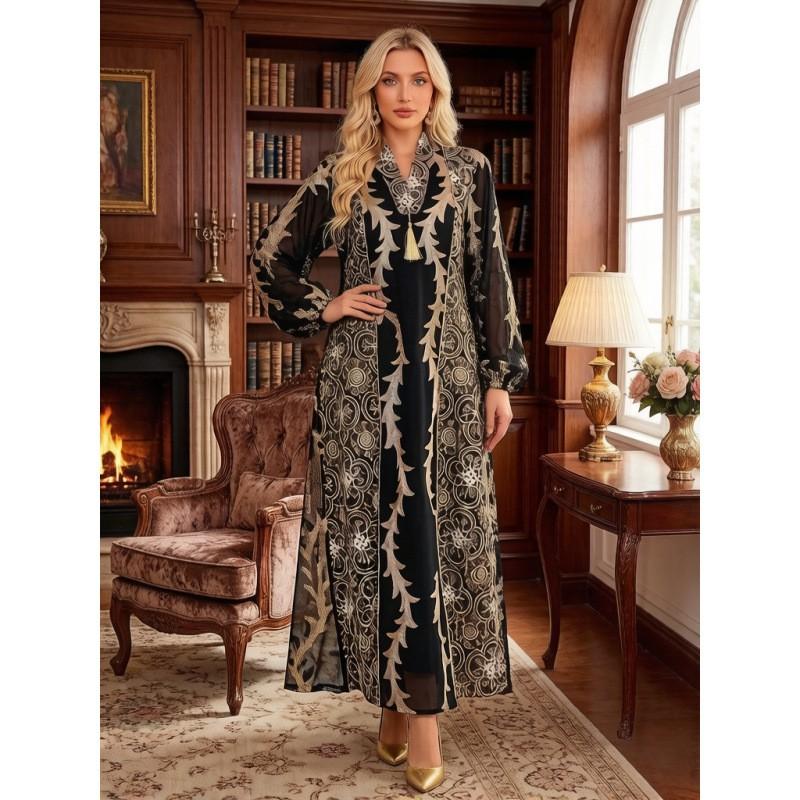 Elegant Embroidered Tulle Maxi Dress With V-Neck Puff Sleeves Evening Party Formal Occasion Medium чёрный