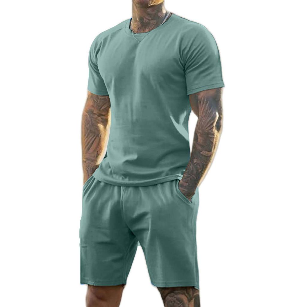 Men's Solid Color Shoulder Short Sleeved Shorts Breathable Men's Casual 2-piece Set