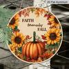 2D Flat, 1pc Round Waterproof Aluminum Fall Faith Family Metal Sign, Grain Sunflower Pumpkin Maple Leaf Print, Rustic Wall Plaque, Wreath