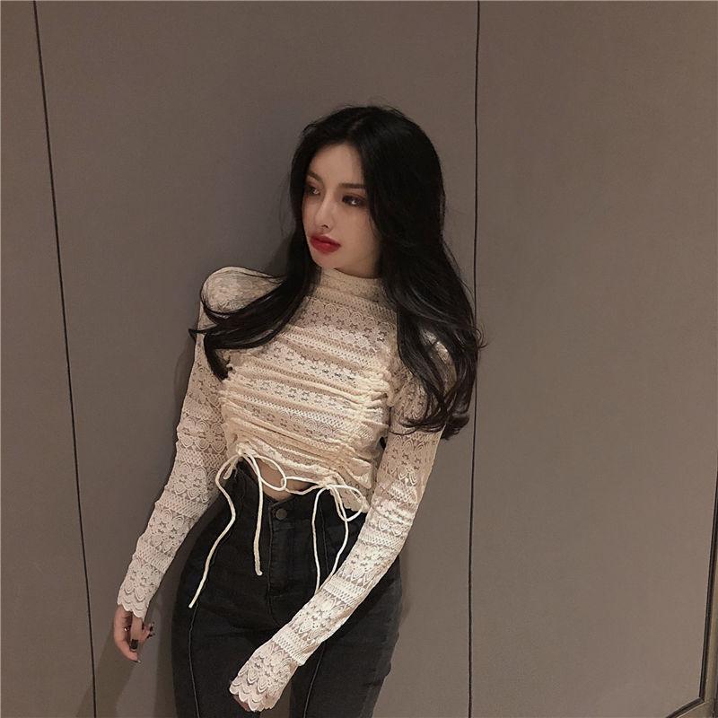 Autumn and Winter White Sexy Long Sleeve Lace Bottom Shirt Women's Short Half High Collar Versatile Top