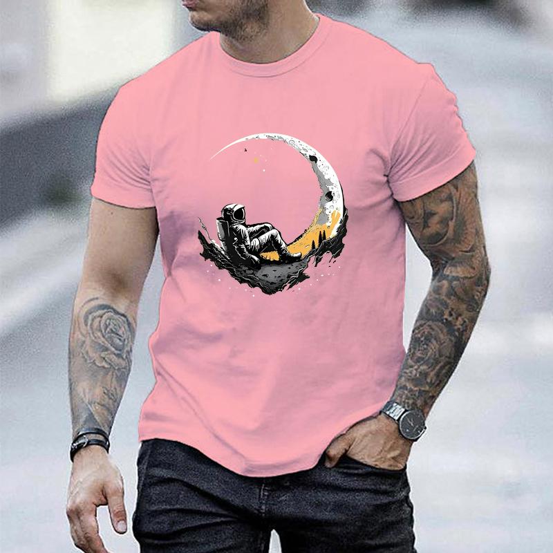 Men's Summer Fashionable Casual Loose Plus Size Landing Moon Pattern Printed Sports Round Neck Short Sleeved T-shirt