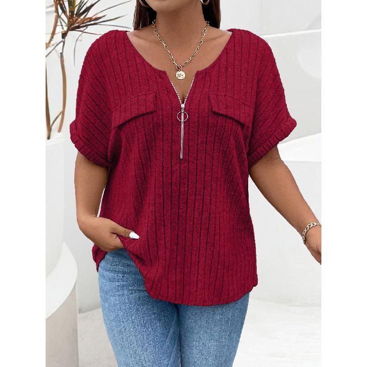 2026 Spring/Summer New Plus Size Solid Color Women's V-Neck T-Shirt Loose Top with Zipper Short Sleeves and Faux Pockets