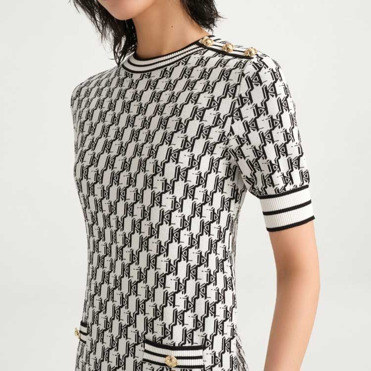 Karl Lagerfeld Romantic Date Logo Print Round Neck Midi Short Sleeve Dress Women Dress Black White E33L1348-200428
