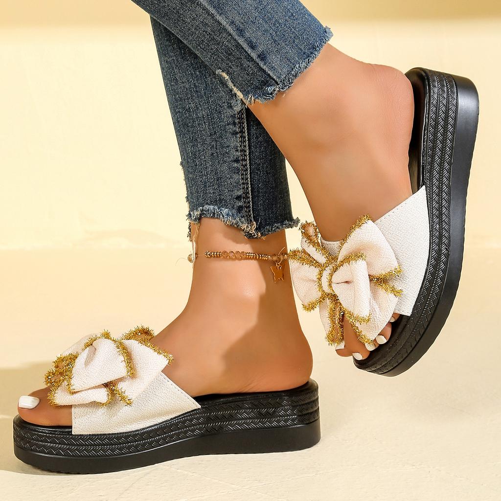 Mode Schleife Plateau Hausschuhe Damen Sommer Dicke Sohle Rutschfest Strand Pantoletten Frau Leichte Keile Outdoor Sandalen 2025