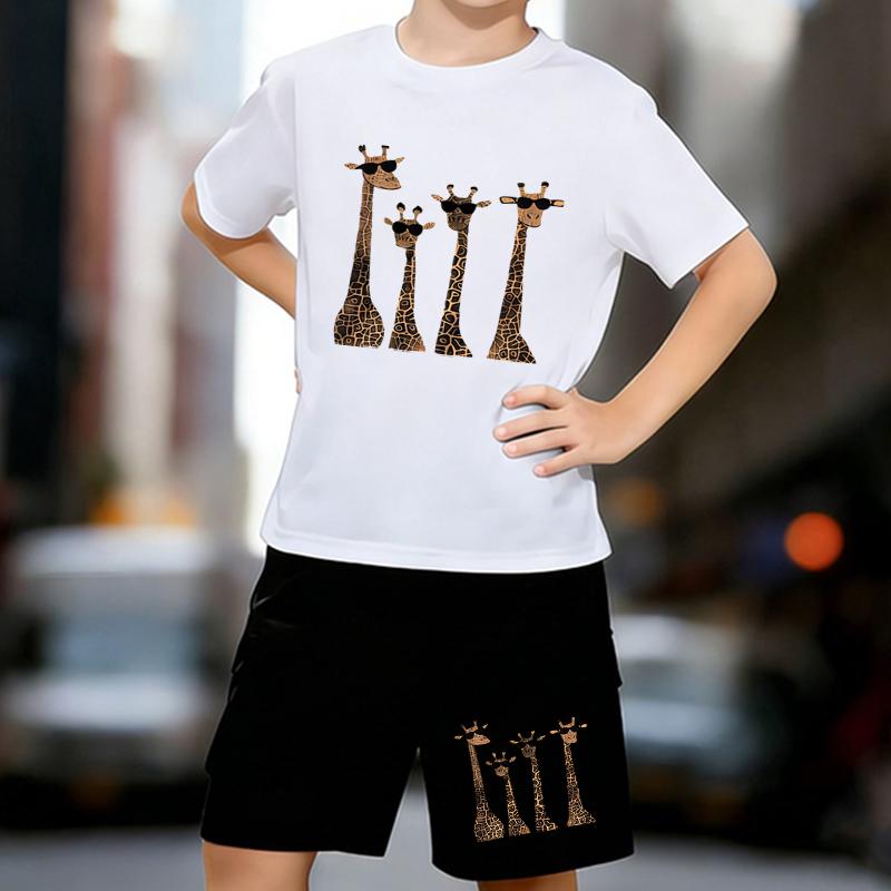 

Boys 2 Piece Cartoon giraffe printed outfit, Short Sleeve T-Shirt and Shorts Set for Kids Age 5-14,Black ,White Sporty Casual Summer Clothes 13-14 Years білий