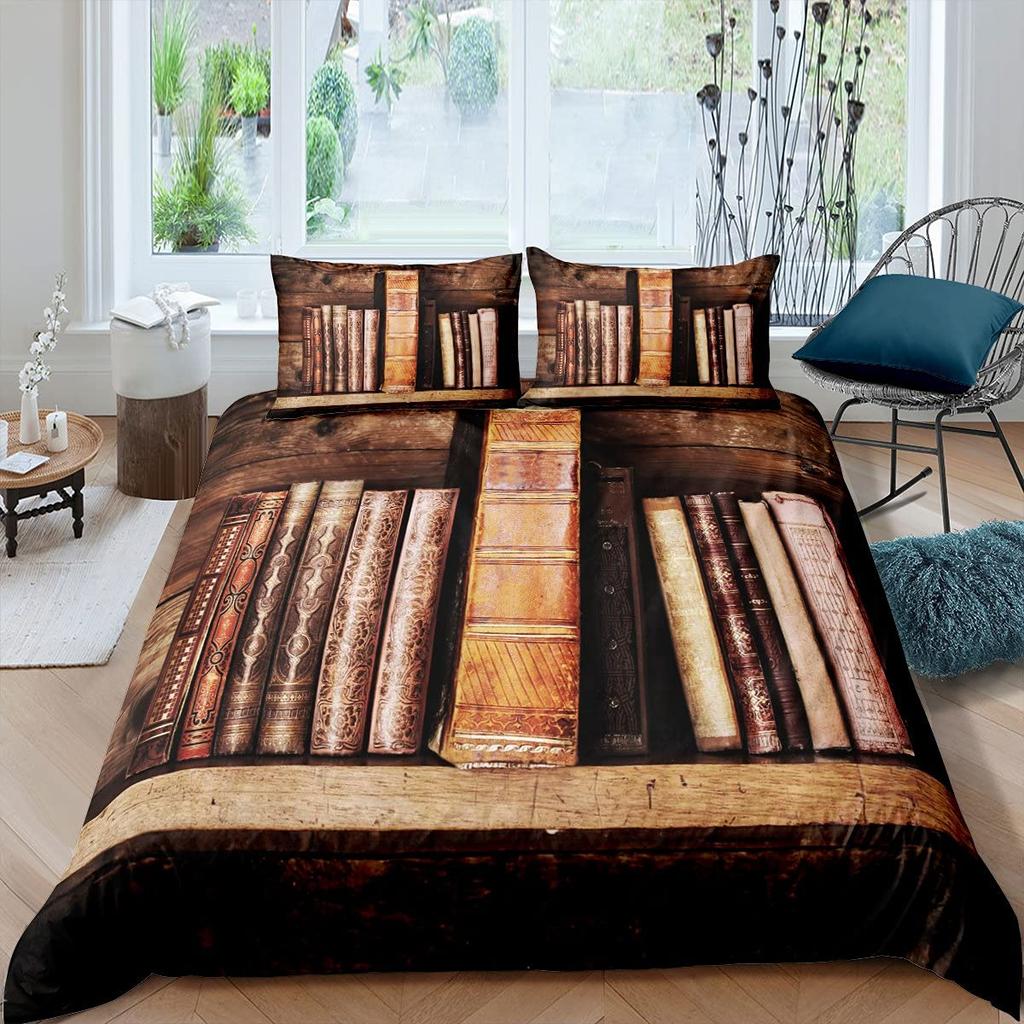 Books Lovers Gift Duvet Cover Set Full Size,Readers And Literary Lover Bedding Sets,Vintage Librarians Bookshelf Comforter Cover