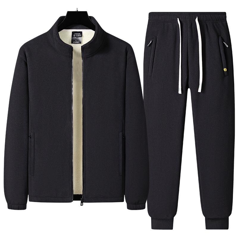 Men's Warm Winter Two-Piece Set: Stand-Collar Lambswool Fleece Jacket and Casual Pants.