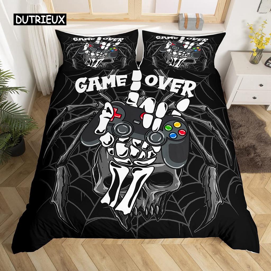 Gamepad Duvet Cover Set Queen Video Game Twin Bedding Set Microfiber Green Cartoon Gamer Pattern Electronic Theme Quilt Cover