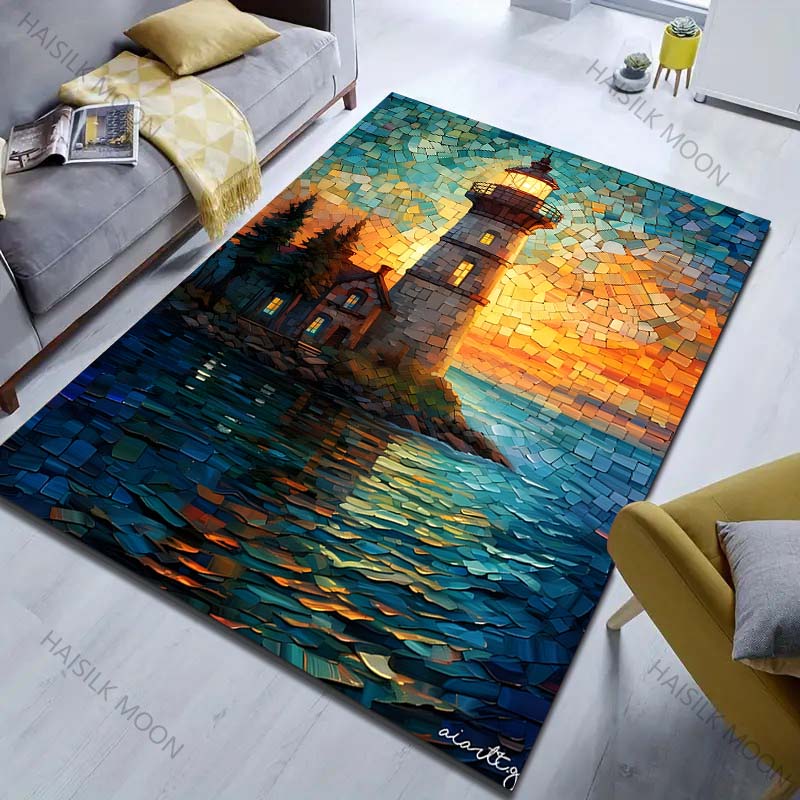 Seaside Lighthouse Stained Glass Window Print Carpet for Bedroom Living Room Bedside Sofa Floor Mat Modern Home Decor Area Rug