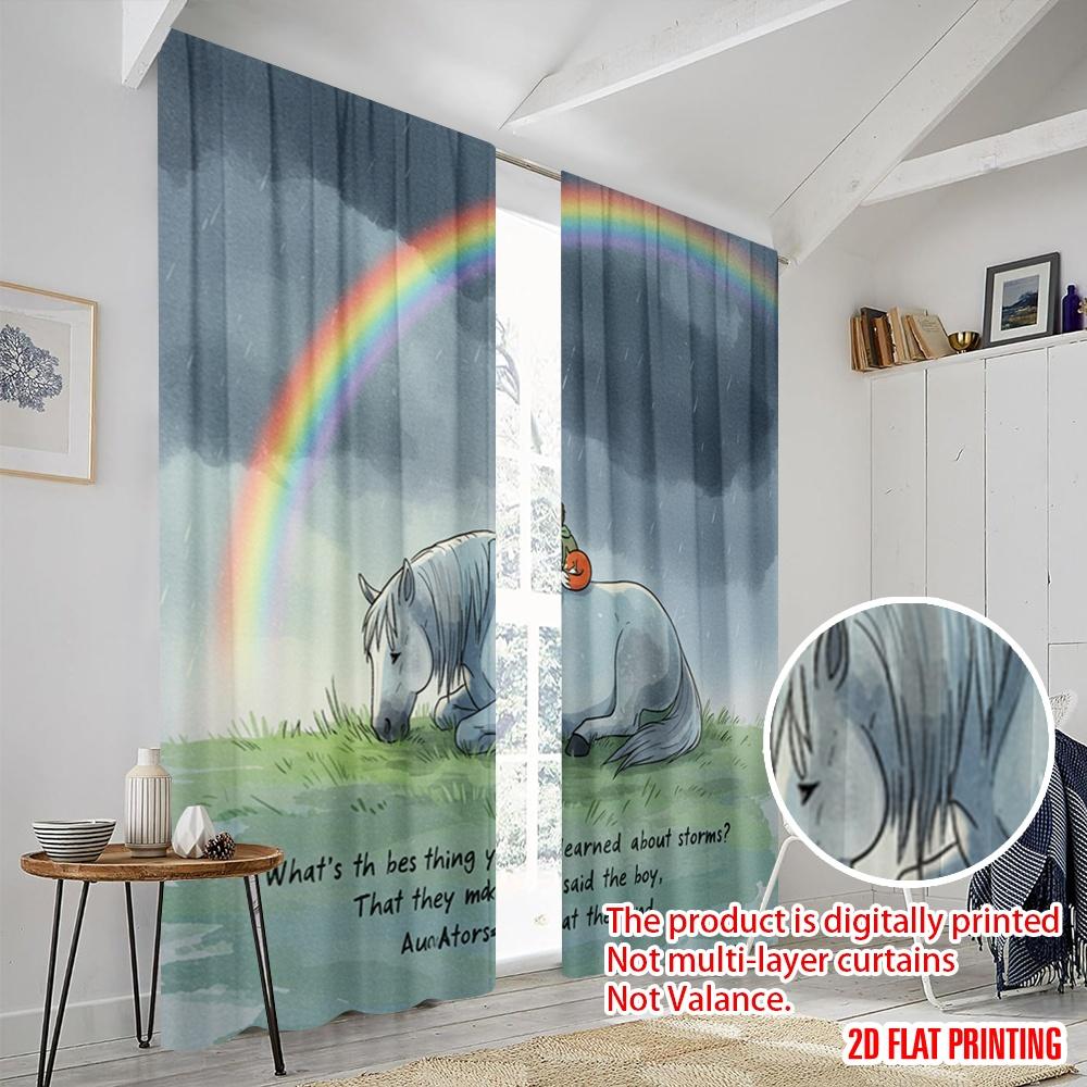2pcs 2D flat printing Window Treatment Curtains Horse Rainbow Storms Polyester Without Electricity 0 Perfect for Decorations