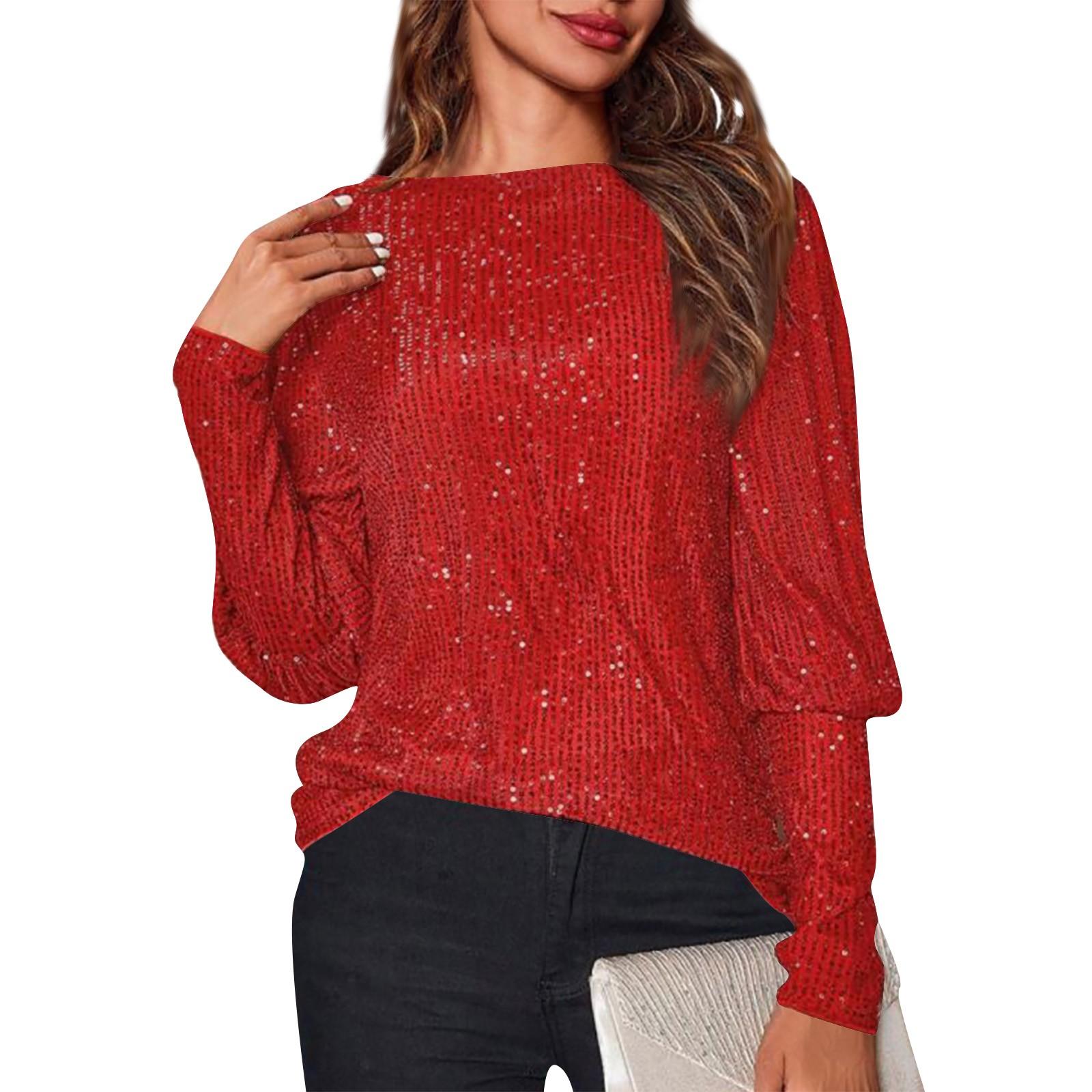 

Женская мода свободная футболка с длинным рукавом и пайетками для женщин XL красный