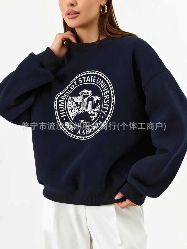 Trendy Lazy Style Letter Print Sweatshirt - 2025 Autumn/Winter Collection, Thick Round Neck for Ultimate Comfort