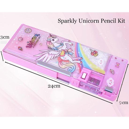 RSINC Double Compartment Glitter Star Flowing Pencil Box, Magnetic Pencil Box | Button Enabled Storages and Sharpener for Kids Unicor Plastic Pink | V