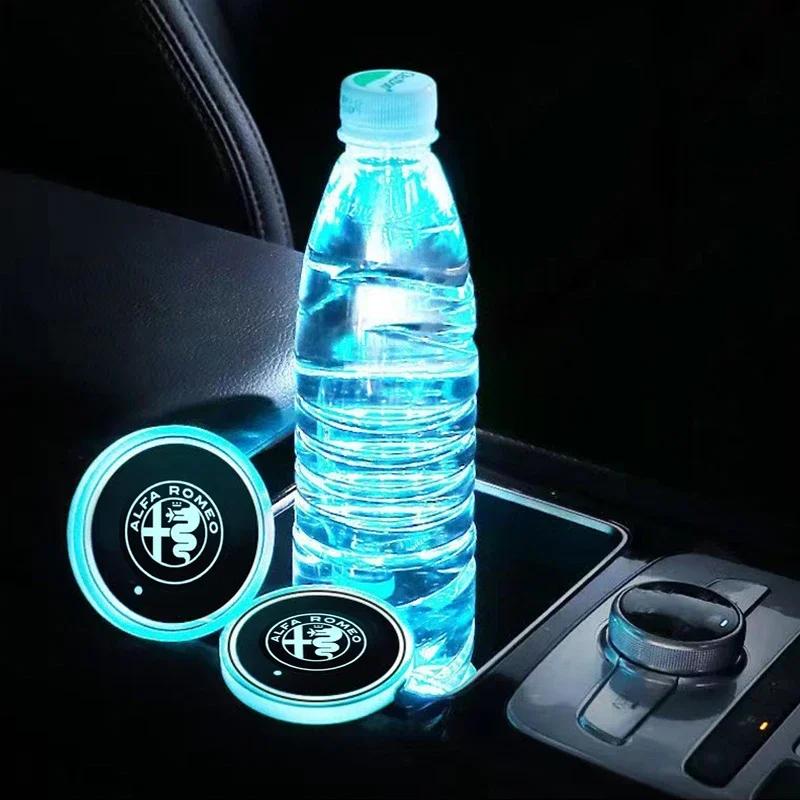 ACPXJ1 2pcs Car LED Smart Water Cup Mat USB Light Drink Holder Coaster for Alfa Romeo Logo 155 156 159 Giulia Mito Stelvio 4C GT Spider