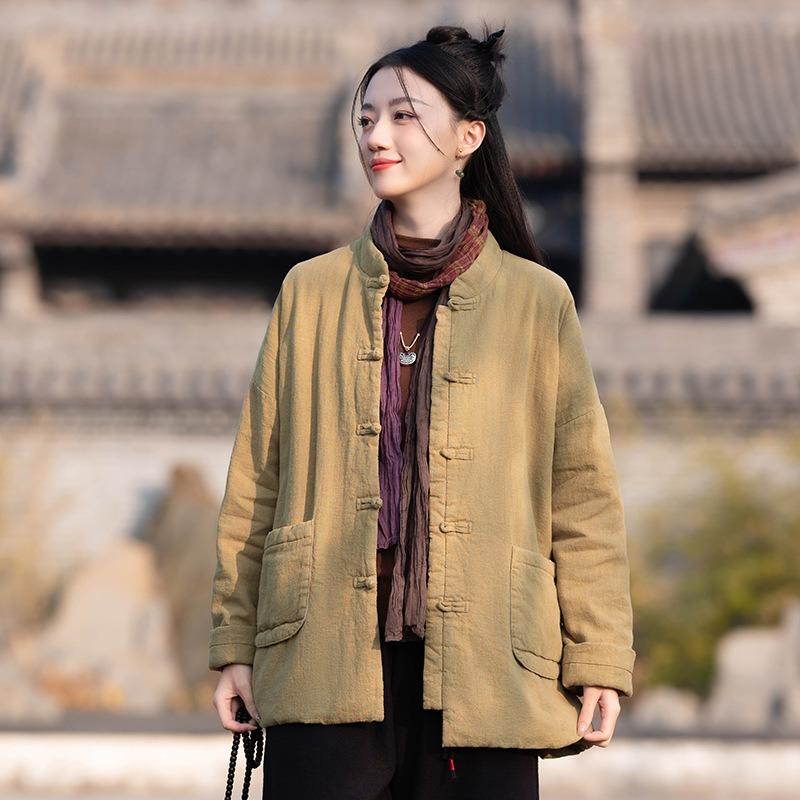 25 Winter New Cotton and Linen Women's Chinese Retro Stand-up Collar Buckle Padded Jacket Women's Padded Thickened Zen Ramie Cotton Jacket
