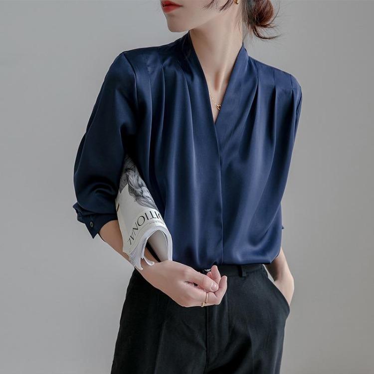 

Retro French Fashion Women Satin Blouse V Neck Top for Spring Autumn XXL темно-синий